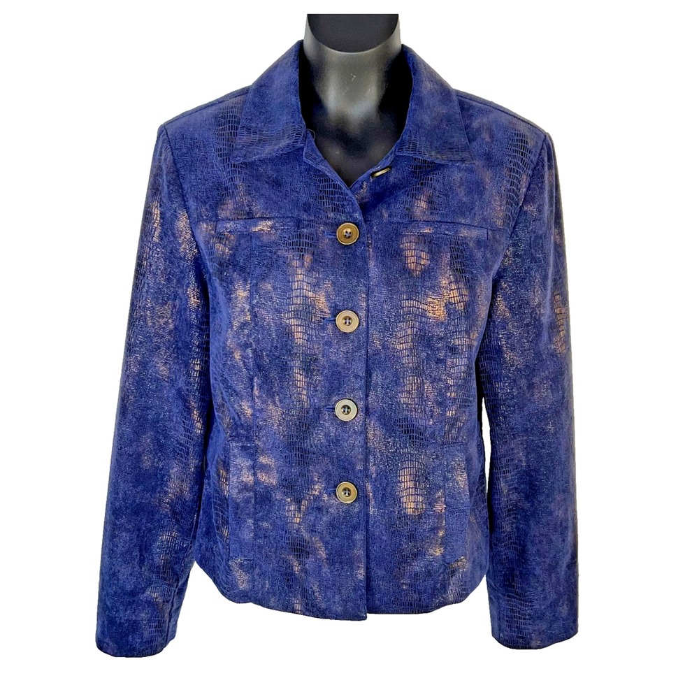Linear Blazer Jacket Womens M Reptilian Animal Print Metallic Navy & Gold Sheen